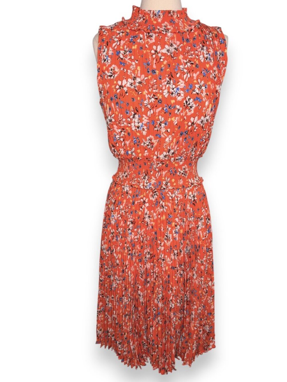 Nanette Lepore Orange Floral Sleeveless Pleated Sleeveless Lined Midi Dress Sz 8
